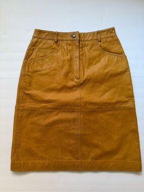 Vintage Maxima Wilson 100% Leather Camel Midi Skirt Women’s Size 8 Cognac Lined